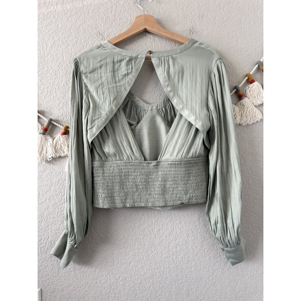 By Anthropologie Mint Green Blouson Corset Style Open Back Silky Top Elegant MP - Picture 3 of 9